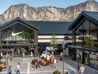 Nike Flagship Store at the Landquart Fashion Outlet, with the mountains in the background