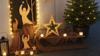 Christmas decorations with candles, stars, Christmas tree and angels in the outdoor area