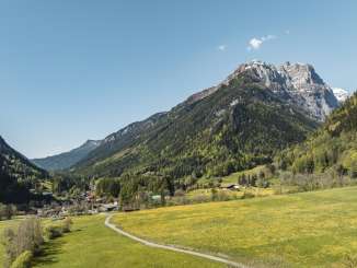 Vättis in the Tamina Valley Alpine landscape in the Tamina Valley with spring-like flower meadow