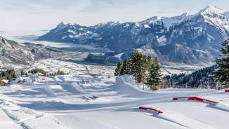 Snowpark "Riderpark" on the Pizol with a view of the Rhine Valley