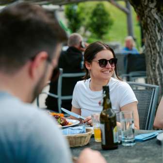 Enjoying an appetizer at the Heidihof restaurant in Maienfeld. Kevin Wildhaber