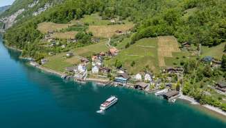 2025, trees, mountains, blue, village, spring, water, green, Quinten, ship, lake, forest, Walensee, hiking, water