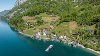 2025, trees, mountains, blue, village, spring, water, green, Quinten, ship, lake, forest, Walensee, hiking, water