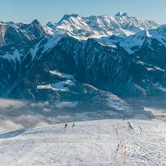 Pizol, winter, snow, blue sky, sea of fog, Pizolbahnen, morning mood, skiing, piste